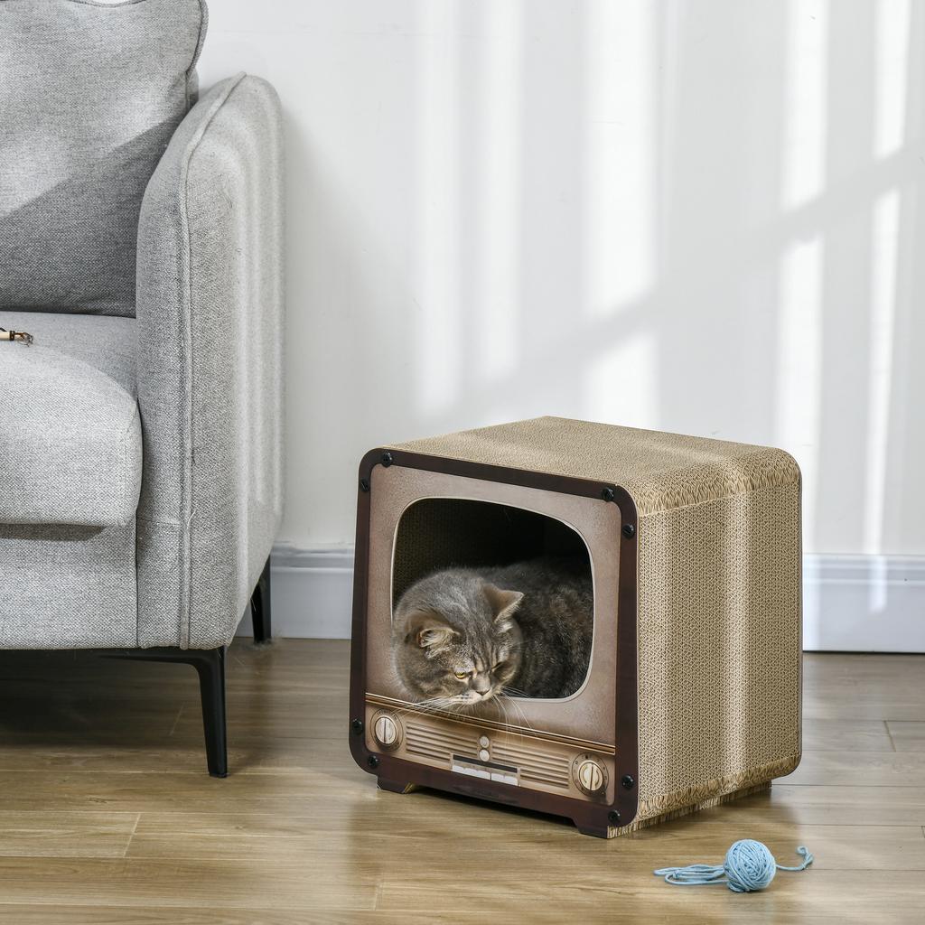 Cat Scratching Post, 2-in-1 TV Shape, House and Mat, Corrugated Cardboard, 39 x 29 x 37 cm, Brown