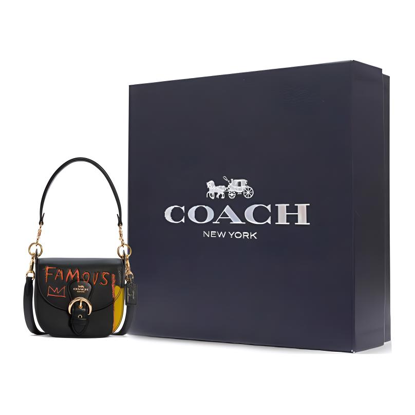 Coach X Jean Michel Basquiat Kleo 17 Graffiti Print Leather Saddle Bag Women Shoulder Bag Black C5663-IMA47