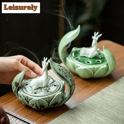 Eine Lotusblüte wächst Hirsch Räuchergefäß Diffusor Räucherstäbchenhalter Meditation Duftkerzen Weihrauchgefäß Heim Handwerk Geschenk
