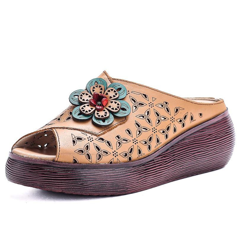 Summer New Thick-soled Retro Outer Slippers Women's Real Cowhide Fish Mouth Hollow Breathable Slope Heel Cool Slippers