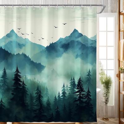 Bergwald Duschvorhang Nebellandschaft Kiefern Vögel Szene Natur Kunst Bad Dekoration Wasserdichtes Gewebe Heimzubehör