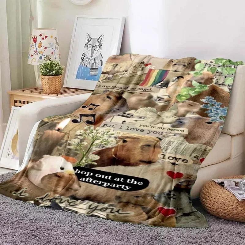 Kawaii The Capybara Club Home Cartoon Printed Blanket Picnic Blanket Warm Flannel Soft and Comfortable Home Travel Birthday Gift