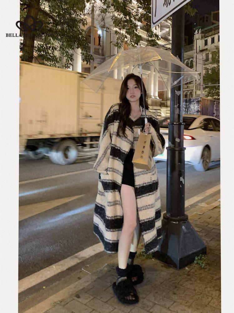 Mode Lose Elegante Gestreifte Schafe Lockige Jacke Frau Mode Herbst Winter Warm Lose Langen Mantel