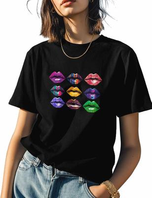 T Shirts for Women Graphic Tees Colorful Lips Crew Neck Short Sleeve Shirts for Women Cartoon Casual T-Shirt