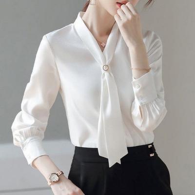 Kadın İlkbahar Sonbahar Tarzı Bluz Gömlek Bayan Rahat Uzun Kollu Papyon Yaka Blusas Tops