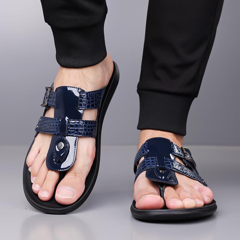 Men Black Leather Slippers Simple Flats Summer White Flip Flops Outdoor Sandals Blue Open Toe Beach Shoes Plus Size