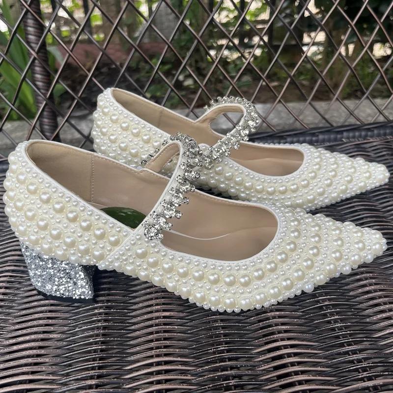 Fashion New Pointed Rhinestone Pearl Thick Heel Single Shoes Fashion European American Banquet Wedding Bride Bridesmaid High-heele Shoes