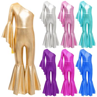 Barn Jenter Metallisk skinnende klokkebunn Danse Jumpsuit Mote One Shoulder Flare Sleeve Bodysuit Carnival Theme Party