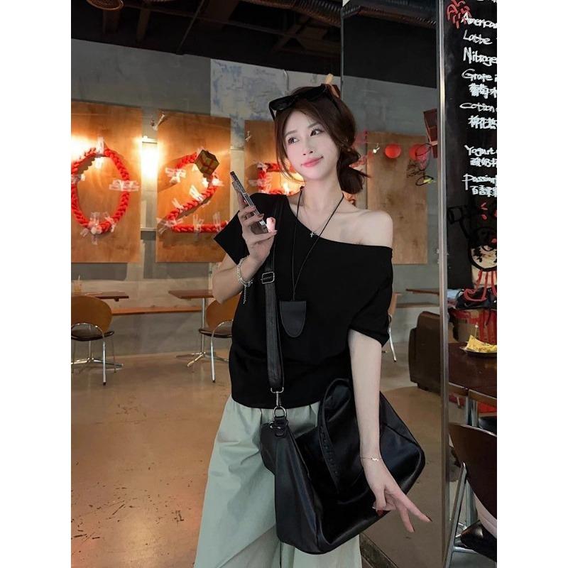 New Black One Shoulder Short Sleeve T-Shirt Women's Summer Pure Desire Loose Chic Top