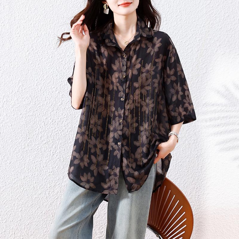 

Dimanaf Лето 2025 Блузка с короткими рукавами больших размеров Футболка оверсайз Женские свободные топы с цветами Футболки Новая рубашка 5XL чёрный