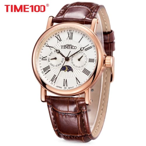 Time100 Men's Watch with Date, Day of the Week, and Day/Night Display, Made In Japan Movement, Brown Leather Strap, Rose Gold, for Businessmen and Adu