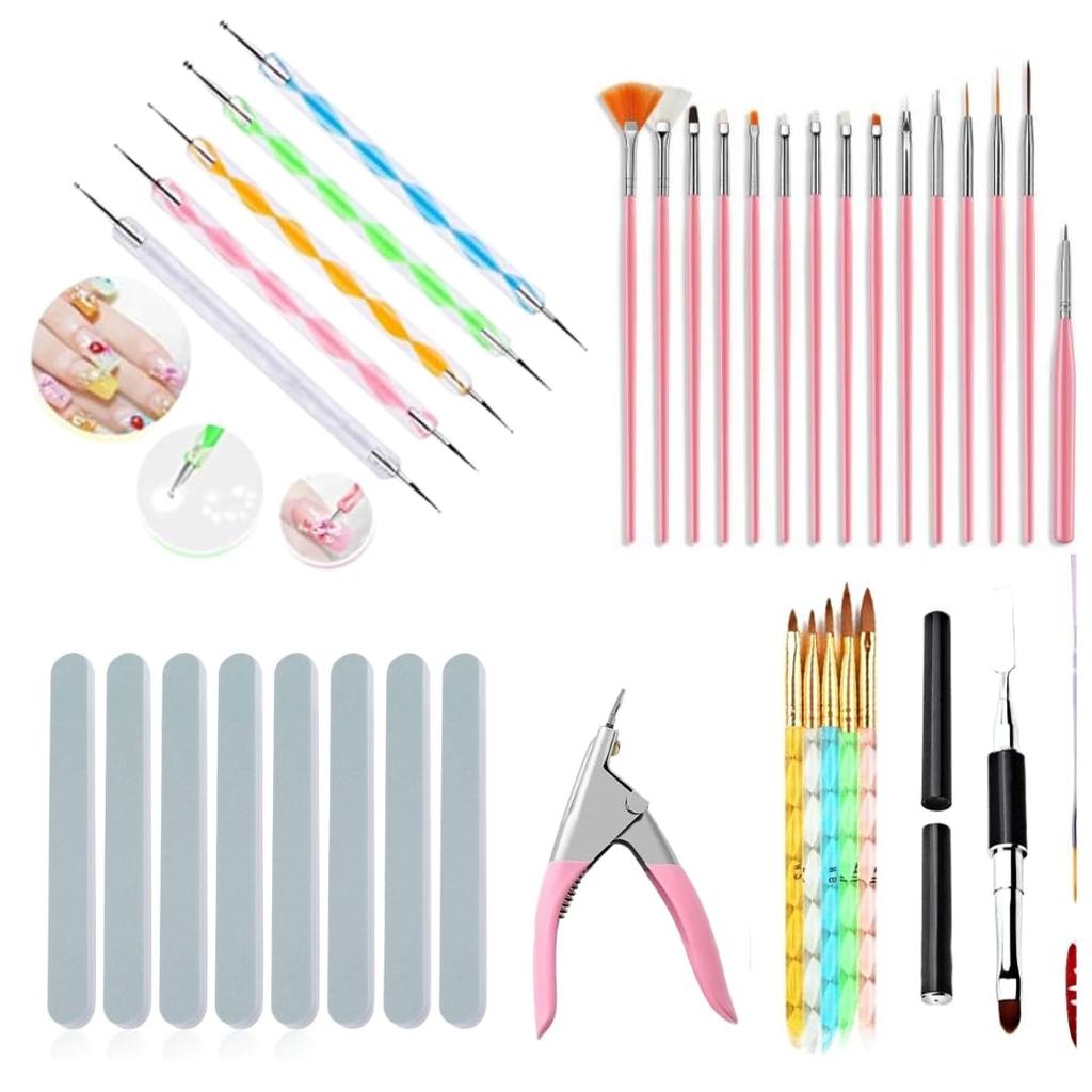 Coslifestore-Pack of 35 Nail Art tools- 15 Nail art brushes, 5 acrylic brushes, 5 dotting tools , 1 gel brush with slicer, 1 tip cutter, 8 Nail buff