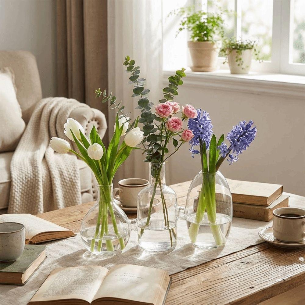 Transparent Glass Vase Floral Bottle Flower Holder Plant Terrarium Triple Connected Minimalist Tabletop Plant Vase