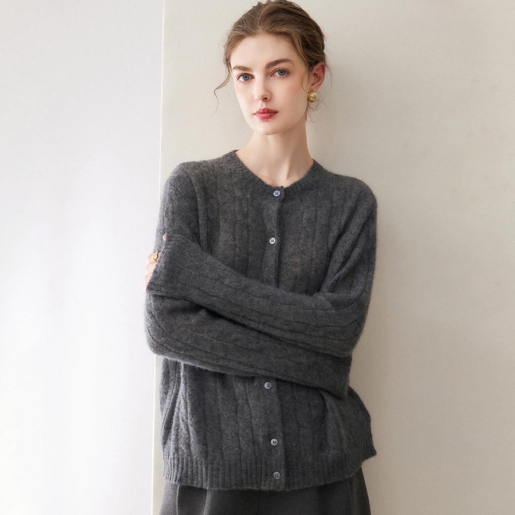 Women's Kangbaolai Velvet Cardigan - 75% Cashmere, 25% Mulberry Silk, Button-Up Round Neck, Long Sleeve Cable Knit Sweater Coat