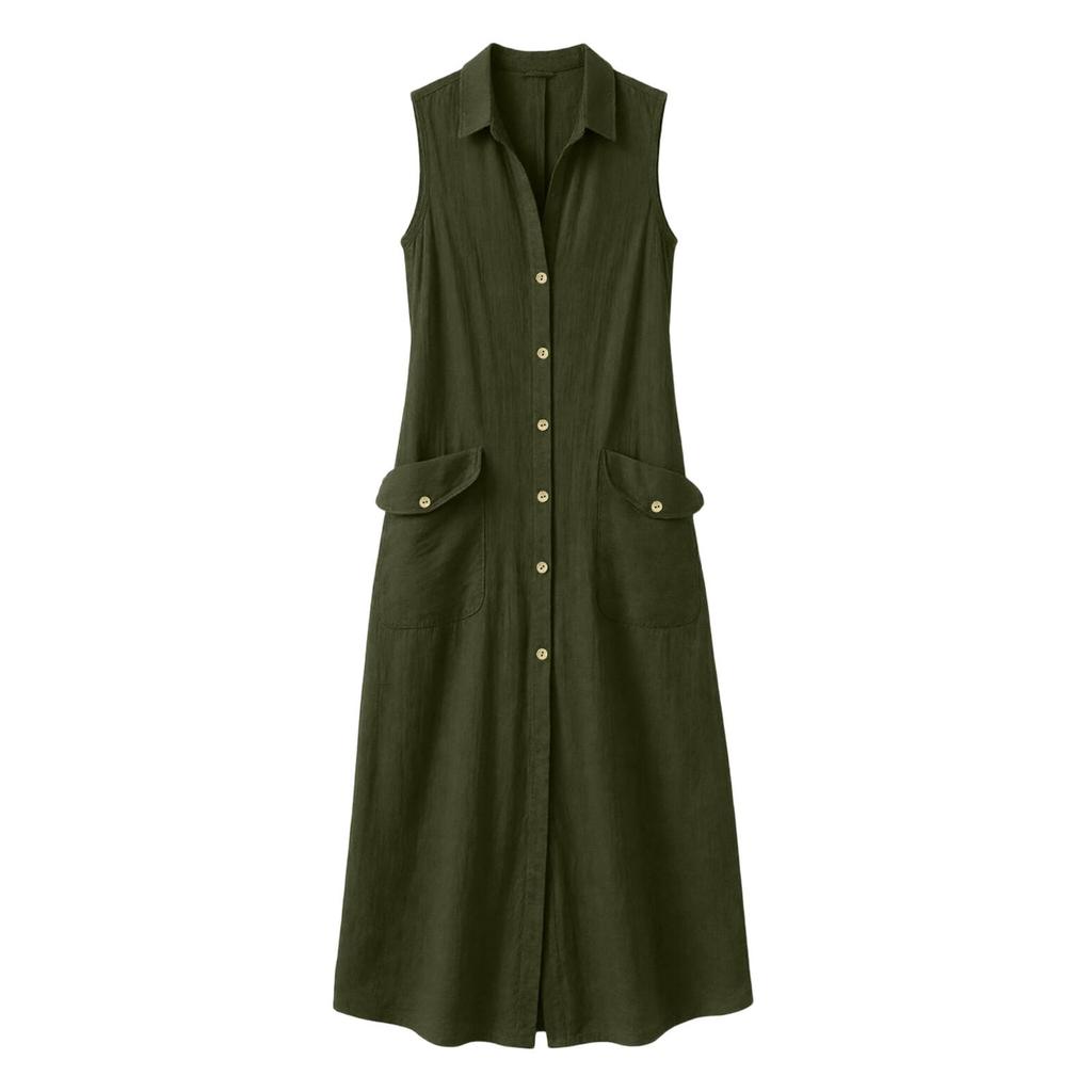 Sleeveless Button Down Shirt Dress with Front Pockets and Collared Neckline for Women Casual Loose Fit Long Dress