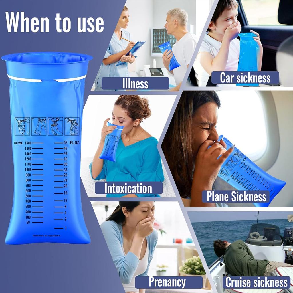 28PCS Sick Bags Blue High Density Leakproof Odor Control Emesis Vomit Bags for Travel with Snap for Pregnant Women Car Bus or Aircraft