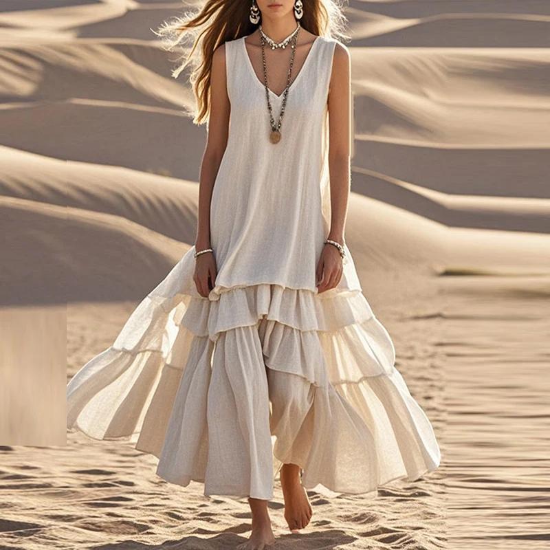 Retro Solide Baumwolle Leinen Plissee Langes Kleid Frau Frühling Mode V-Ausschnitt Lose Maxi Kleid Sommer Ärmelloses Tank Boho Strandkleid L weiß