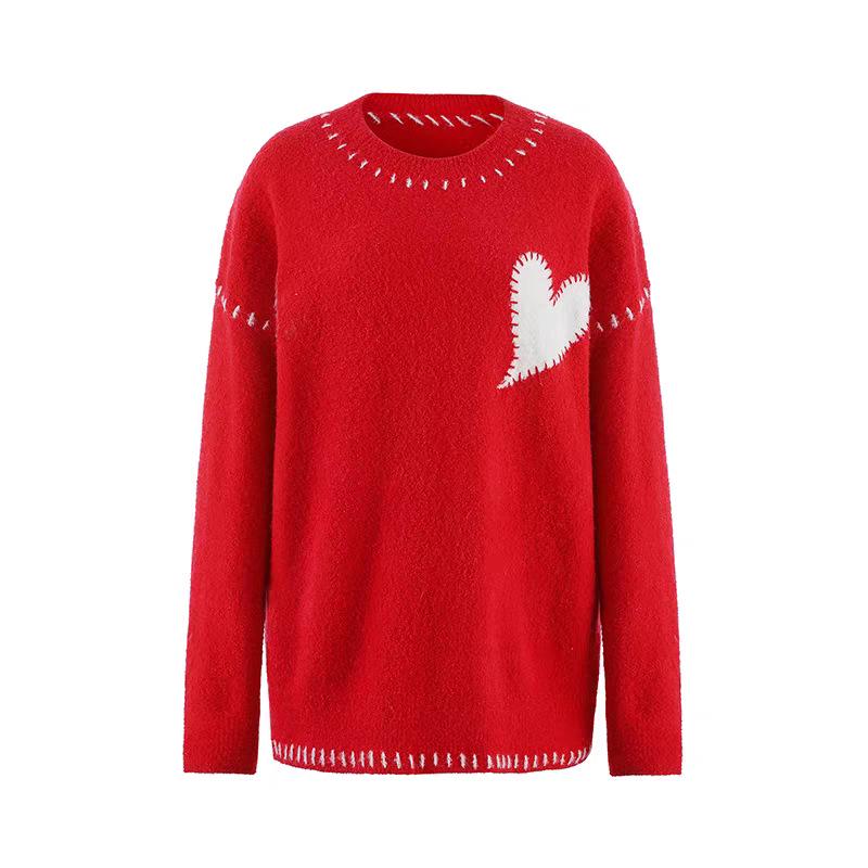 Bai Lu Women's Red Heart Embroidery Sweater - Autumn/Winter Christmas Edition