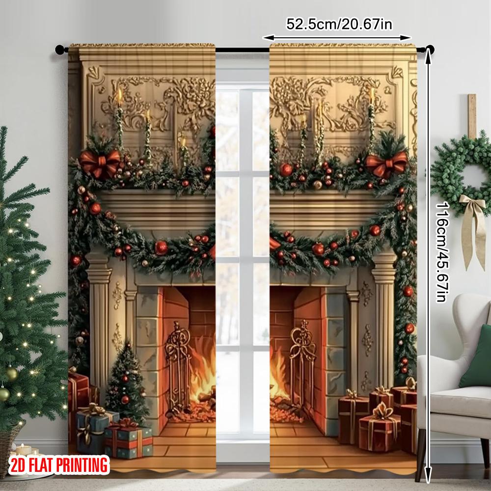 2 Stück 2D Flachdruck Frohe Weihnachten Beliebte Vorhänge Antiker Weihnachtskamin Vielseitiger Stoff Ohne Strom Feiertag