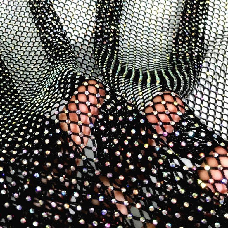 Luxury AB Color High Gloss Elastic Diamond Mesh Fabric Sewn with Satin Belt Mesh Lace Fabric DIY Dress Clothing High-end Fabrics