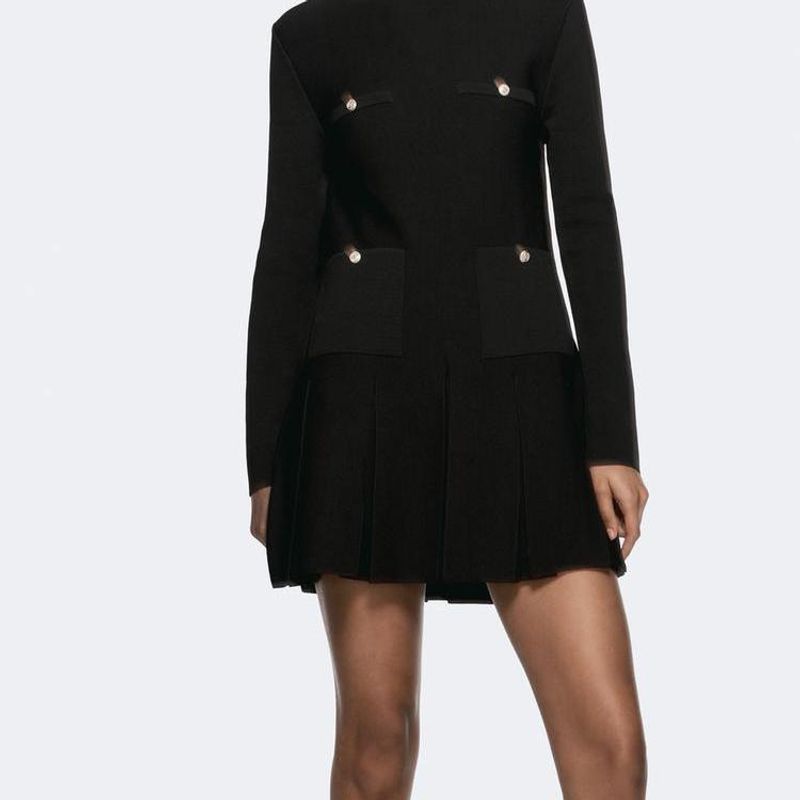 Spring New Arrival Women's Clothing Fashion Style round Neck Long Sleeves Button Decoration Wide Pleated Knitting Short Dress 3859126