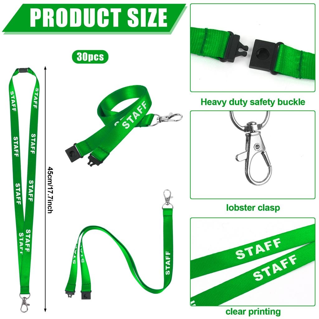 30 Pcs Safety Breakaway Staff Lanyards Pre Printed Green Neck Lanyard Staff Neck Strap With Swivel Plastic Clip And Safety Break