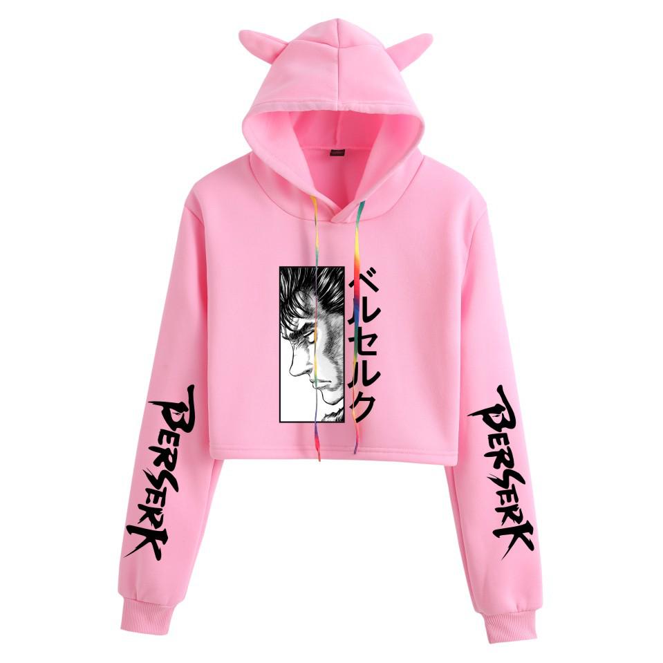 Women's Cat Ear Hoodie with Berserk Print - Cropped Style
