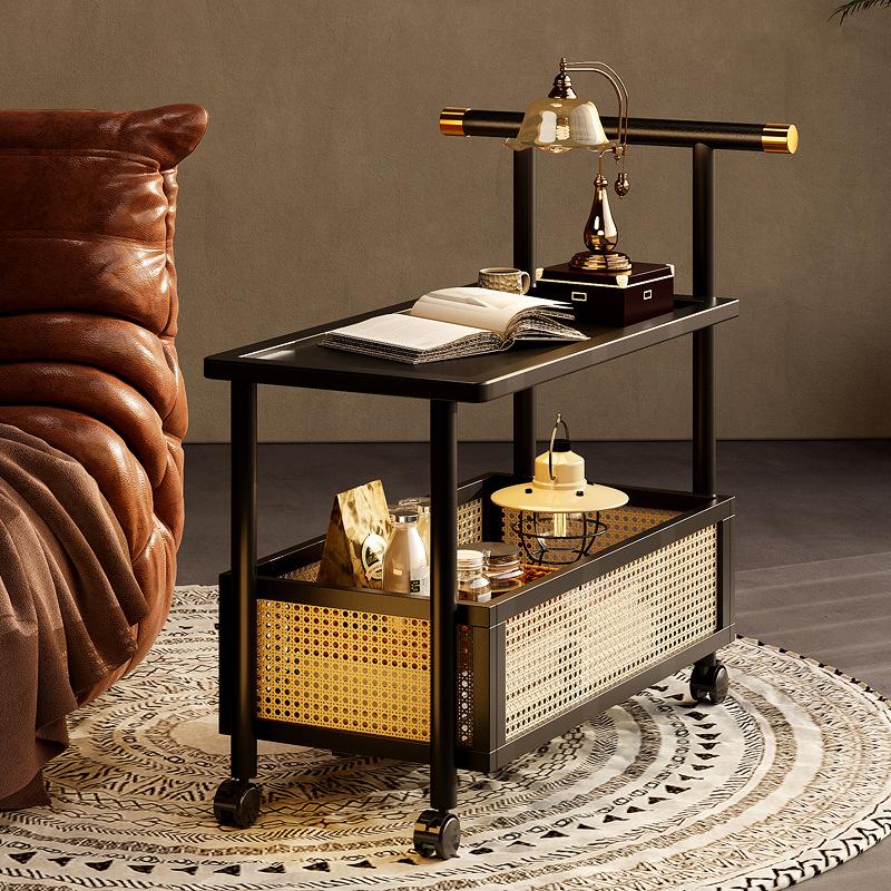 High-end Side Table Bamboo 2 Layers Coffee Tables Mobile Coffee Table with Wheels Trolley Home Storage Rack Living Room Decor