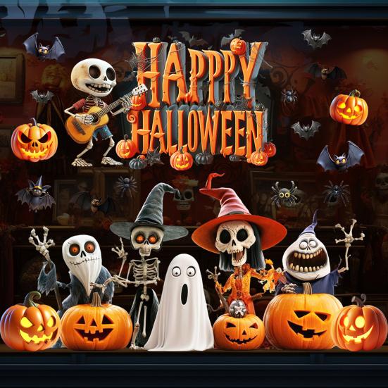 Halloween Window Cling Waterproof PVC Guitar Skeleton Ghost Pumpkin Spider Bat Static Glass Sticker Holiday Party Decoration Decal