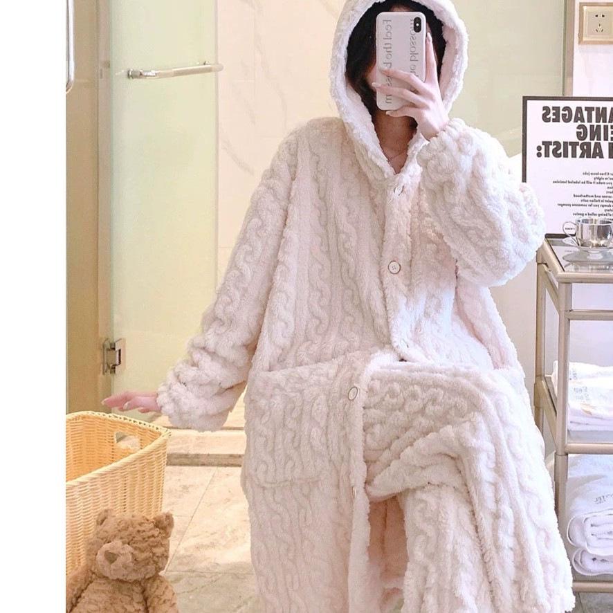 

Зимний женский жаккардовый пижамный комплект и длинный халат - Универсальная велюровая одежда для дома/улицы L (60-80 kg)