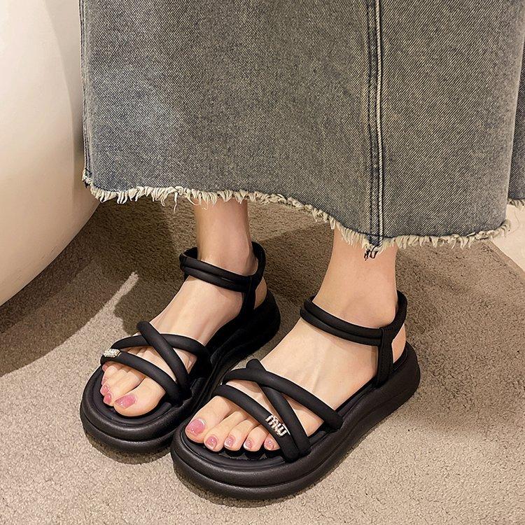 Fairy Wind Sandals Girl 2025 Summer New Korean Version Muffin Thick Sole Simple Thin Band Elastic Band Roman Sandals Woman