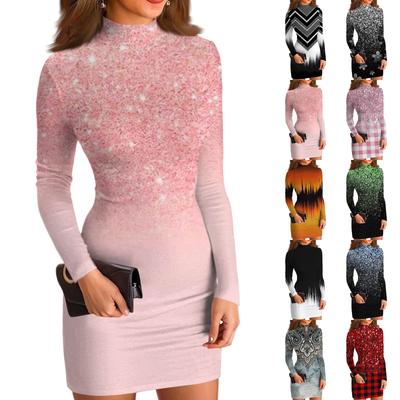 Dámské ležérní šaty s vysokým krkem, dlouhým rukávem, potiskem a slim-fit střihem