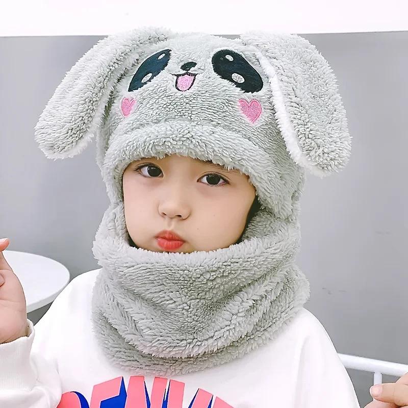 1-12Y Winter Cartoon Rabbit Coral Velvet Cap Plush Balaclava Kids Caps Double Fleece Baby Scarf Hat  Baby Accessories