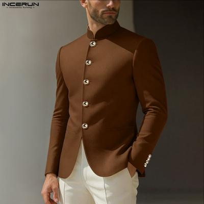 S-5XL Men Stand Neck Long Sleeve Buttons Casual Loose Solid Shirts