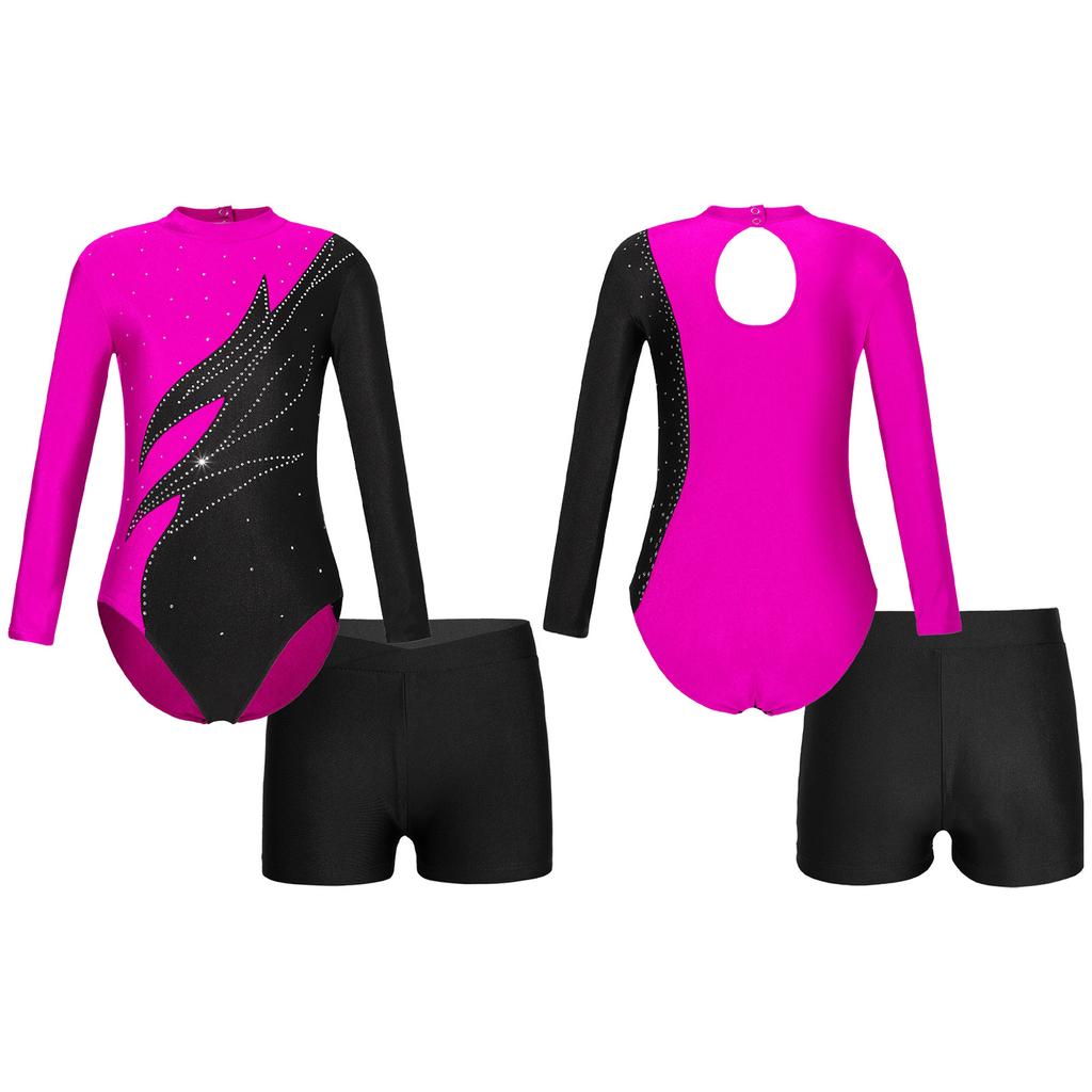 Kids Girls Dance Clothing Set Long Sleeve Mock Neck Shiny Rhinestones Decor Leotard Jumpsuit and Shorts