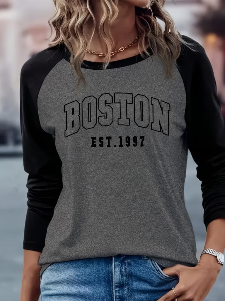 BOSTON Print Crew Neck T shirt Casual Long Autumn winter top women's long sleeved T-shirt loose comfortable black white