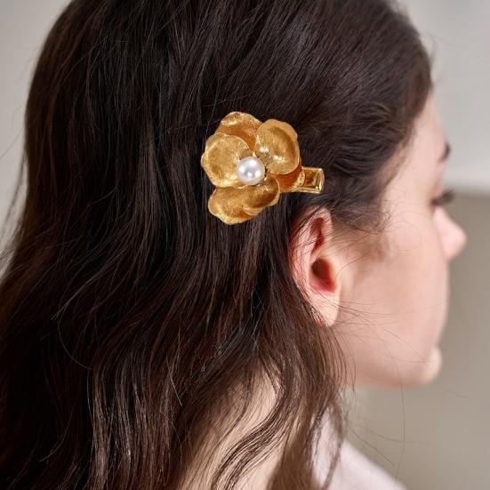 Women Hairpin Imitation Pearl Flower Decor Hair Clip French Retro Style Side Bang Hair Pin Hair Accessories