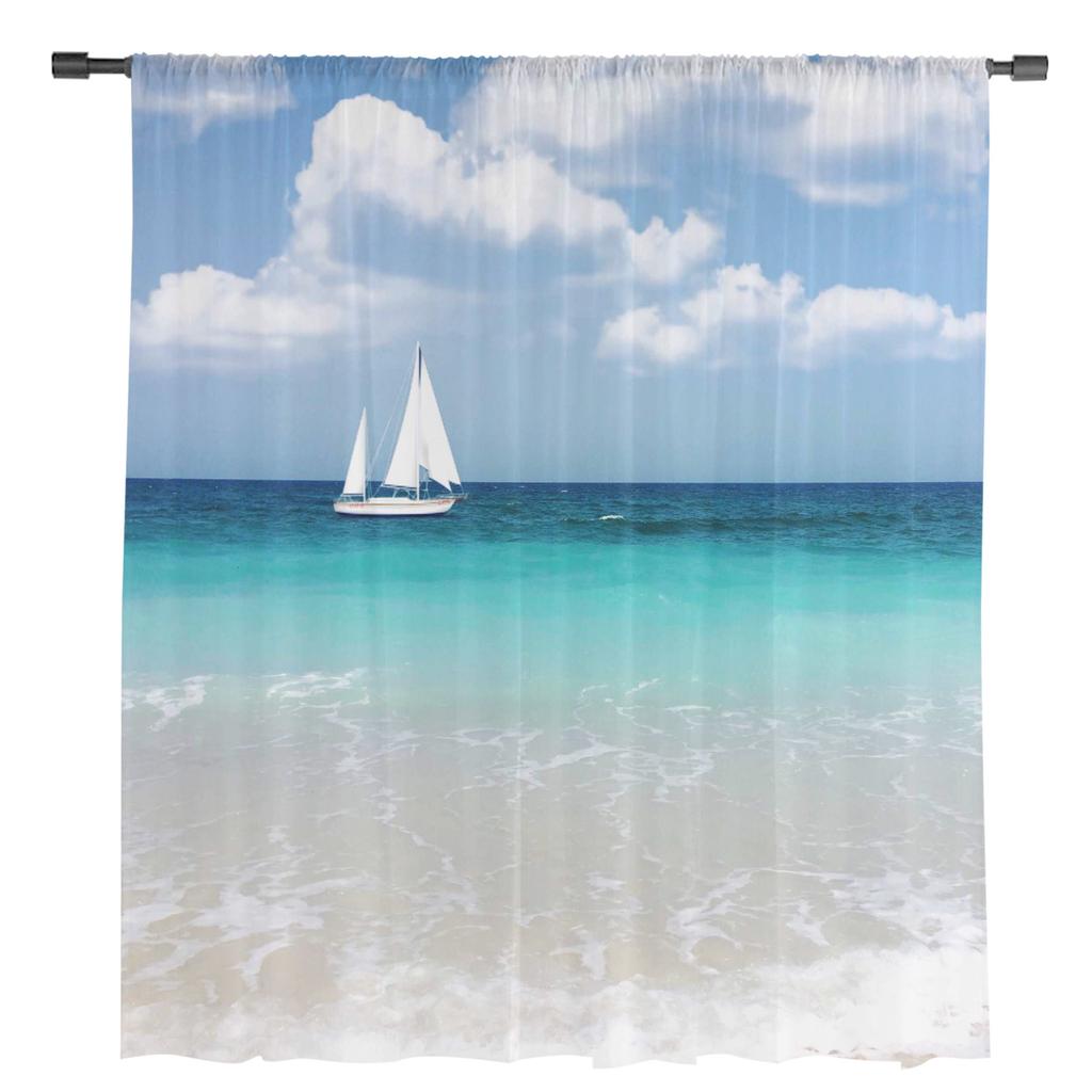 Sea Beach Sailing Clouds Sheer Curtains for Living Room Decoration Window Curtains for Kitchen Tulle Voile Organza Curtains