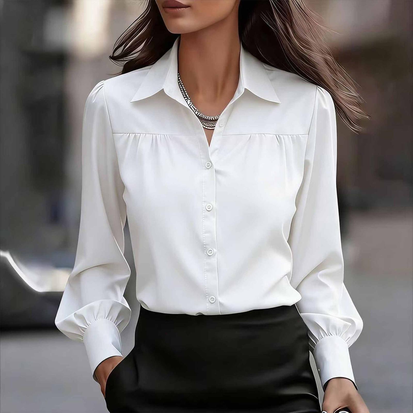 

Women s Fashionable Color Lapel Casual Button Long Sleeved Shirt Top XL білий