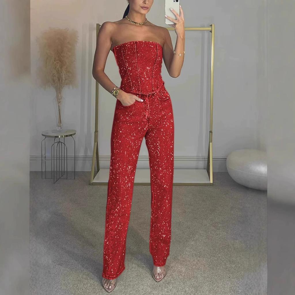 Sexy Off-the-shoulder Shiny Vest Diamond Trousers Suit Two-piece Women