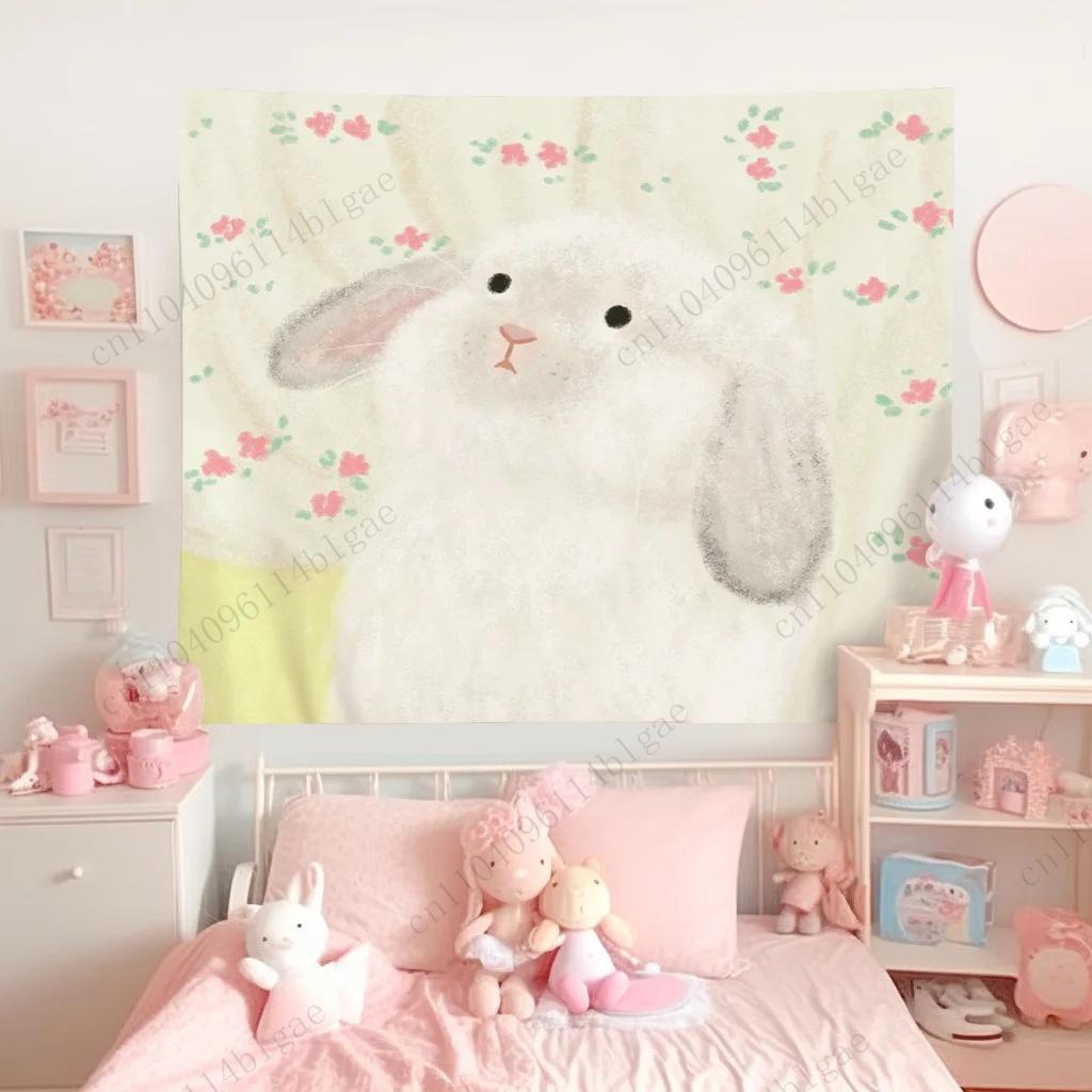 Cute Bunny Bonnet Wall Tapestry Aesthetic Cozy Bedroom Home Decor Item Durable Polyester for Living Room Decoration