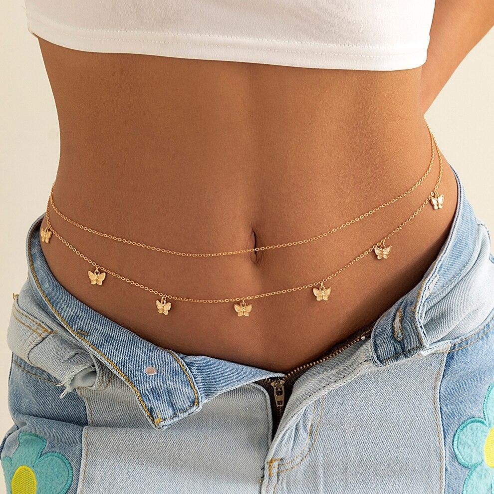 Classic Retro Cute Butterfly Waist Belly Chain for Women Summer Beach Sexy Simple Body Chain Vacation Zircon Accessories Gift