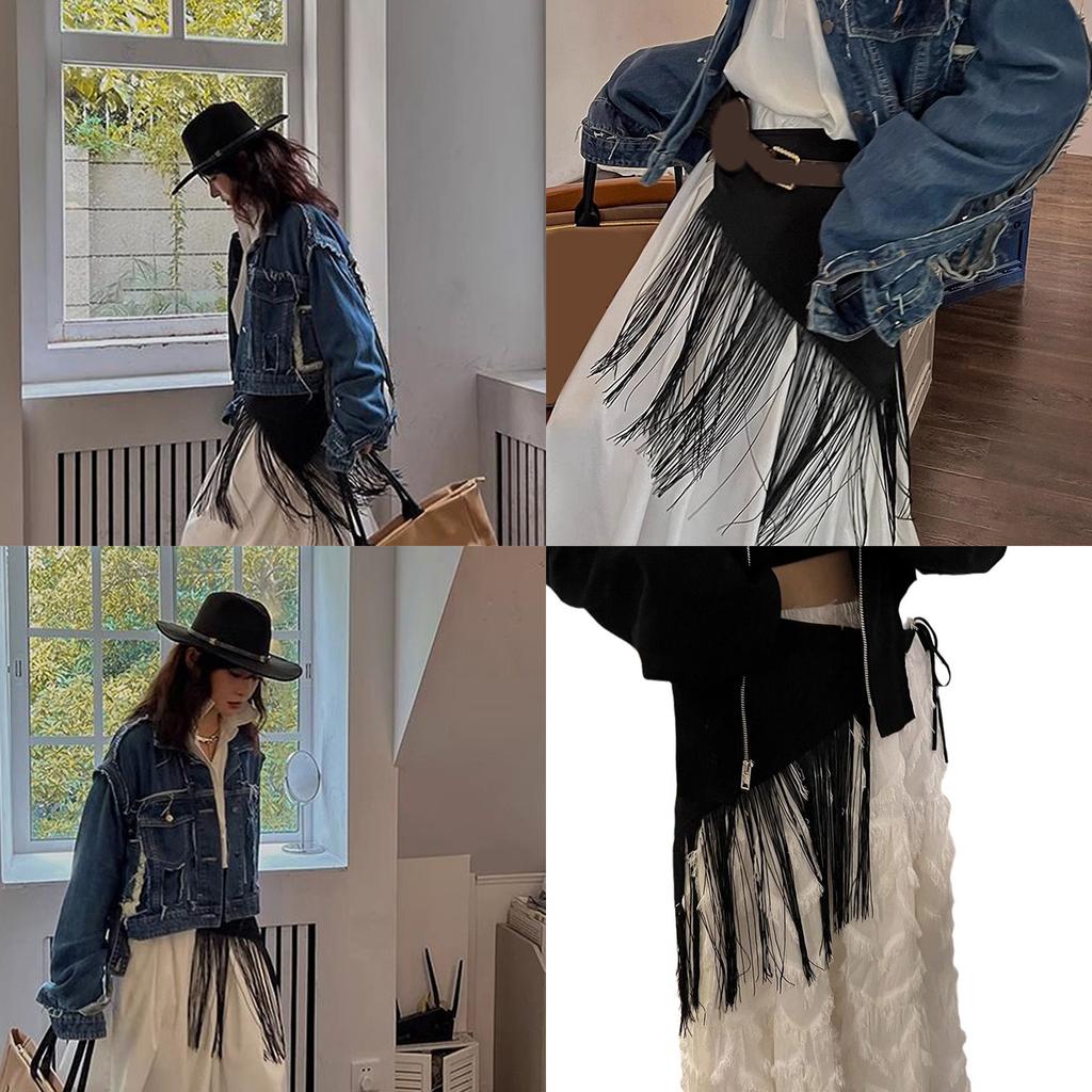 Yuppie Fringe Waistband for Women Elegant Hip Scarf Belt with Tie Black Yuppie Fringe Girdle Belt Stylish Accessory