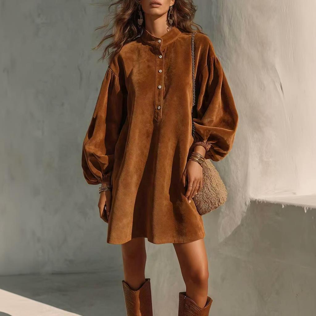 Women's Color Button Front Dress with Sleeves and Stand Collar for Casual Wear