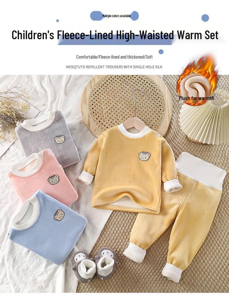 Dětská teplá spodní prádla sada s fleecovou podšívkou a kalhotami s vysokým pasem na ochranu bříška pro kojence, batolata, chlapce a dívky - Útulné podzimní/zimní domácí oblečení