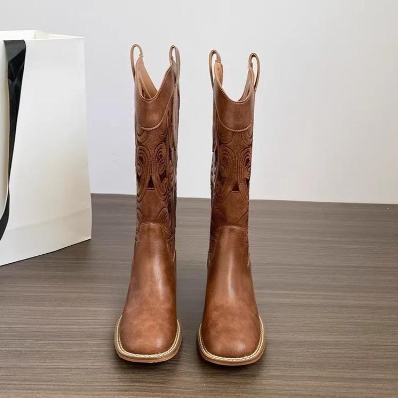 Fashion Women Shoes Brown Retro Western Cowboy Boots 2025 New Women's Boot Embroidered Knight Boots for Women Thick Heel Fashion Boots