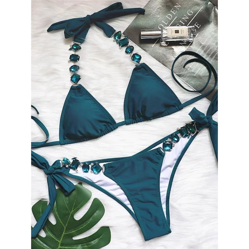 

2025 Блискуче стразове діамантове бікіні Жіночий купальник Жіночий купальний костюм Комплект бікіні з двох частин Халтер Металеві ланцюжки Купальний костюм S
