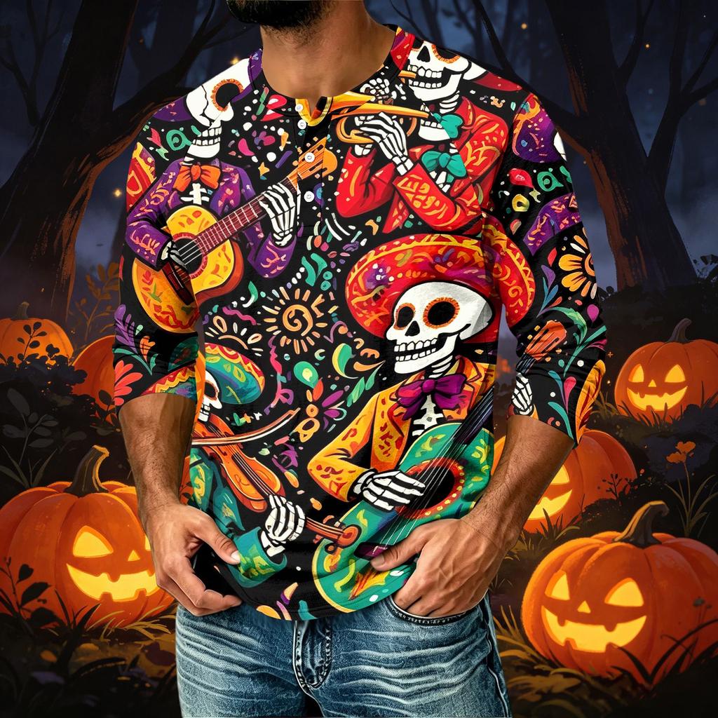 Men's Casual Raglan Three-Quarter Sleeve Shirt Halloween Print