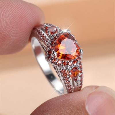1 Pc Silvery Color Heart Cut Red Stone Ring Wedding Band Valentine's Day Jewelry