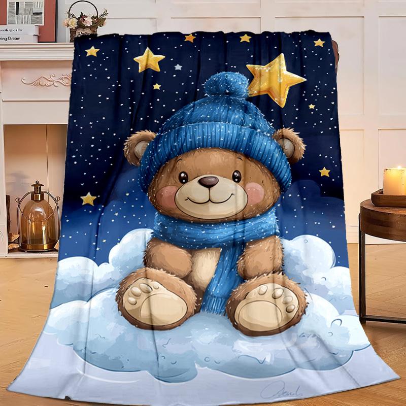 1PC Teddy Bear Night Sky Flannel Blanket Gift, Suitable for Both Men And Women, Soft Ideal for Beds And Sofa, Birthday Or Christmas Gift